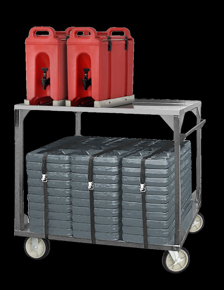 Product image #4 for FWE Stainless Steel Institutional Tray Transport Cart with 2 Shelves, 3 Straps, and 8-Inch Casters