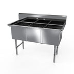 Thumbnail image #1 for NBR Equipment 3SS-182414 3-Compartment Stainless Steel Sink, 59-1/8"W x 29-1/2"D x 44-1/16"H, 16 Gauge, 10"H Backsplash