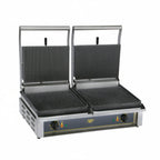 Thumbnail image #1 for Equipex LLC Roller Grill DIABLO Commercial Panini Grill, Cast Iron Grooved Top & Bottom Plates, Dual Independent 14" x 9-1/2" Grill Areas