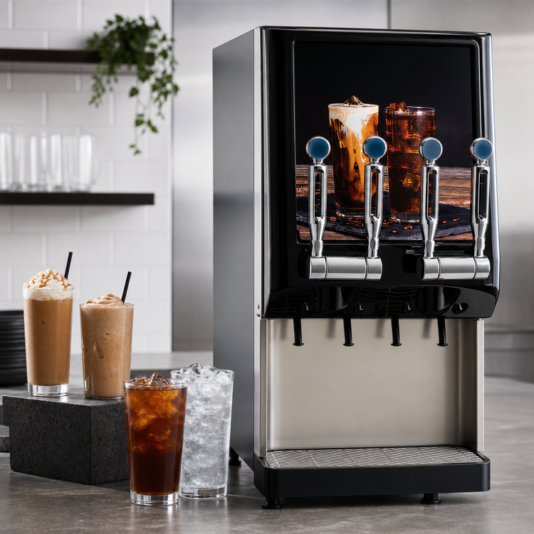 Product image #4 for BUNN Silver Series 4-Flavor Cold Beverage System with Lighted Door, Tap Handles, and Iced Coffee Display