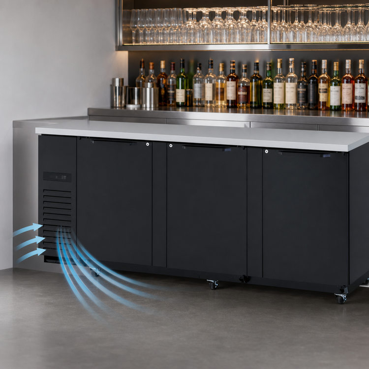 Product image #4 for Turbo Air Super Deluxe 3-Door Three-Section Back Bar Cooler, 90-1/4 Inch Wide, Self-Contained Side-Mount, Black Exterior
