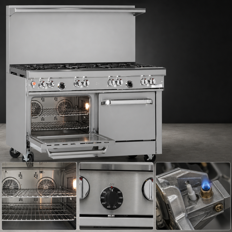 Product image #4 for Ultimate 48-Inch Gas Restaurant Range with Star/Sauté Burner, Non-Clog Burner, 36-Inch Griddle, Convection Oven and Cabinet Base