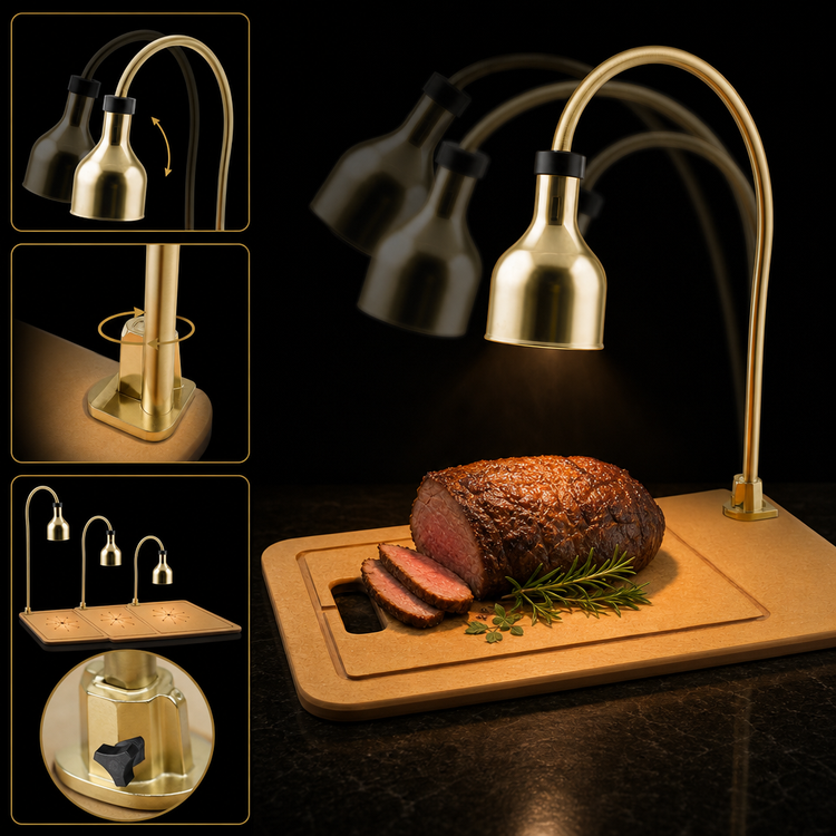 Product image #4 for Cres Cor Star Series Countertop Carving Station with 250W Infrared Heat Lamp, Flexible Arm, Wood Fiber Cutting Board and Polished Brass Hood