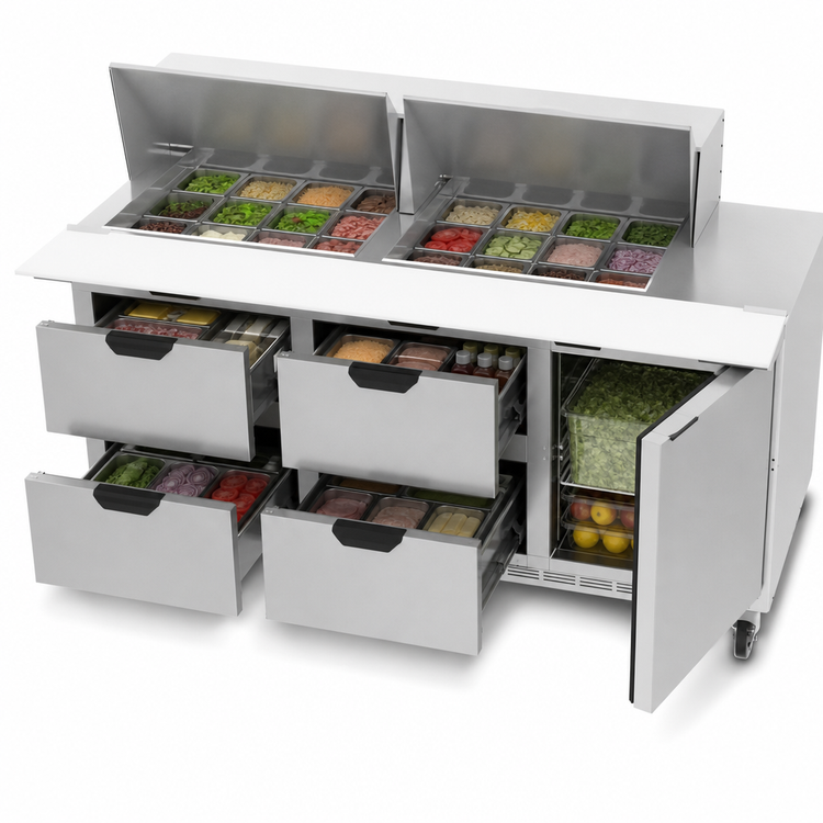 Product image #5 for Beverage-Air Mega Top Refrigerated Sandwich Prep Table, 72-Inch, 3-Section, 4 Drawers, 1 Door, 24-Pan