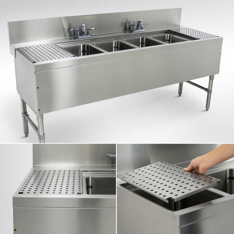 Product image #4 for Advance Tabco Prestige Signature Series 4-Compartment Underbar Sink Unit with Dual Drainboards, 72-Inch Stainless Steel