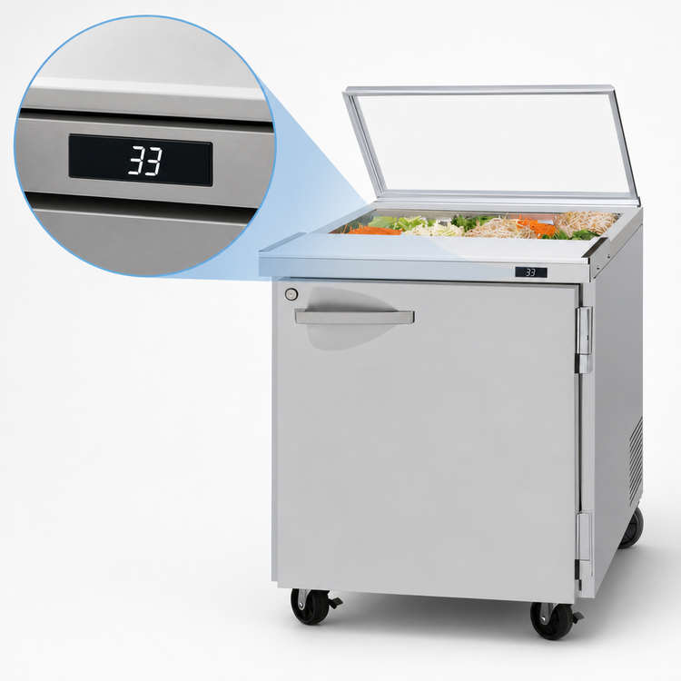 Product image #4 for Turbo Air PRO Series 28-Inch One-Section Sandwich/Salad Prep Table with Glass Lid, Rear-Mount Self-Contained Refrigeration, 8 Pans, 1 Door