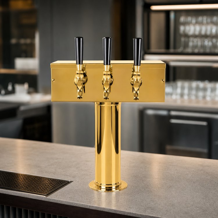 Product image #4 for Micro Matic T-Style Countertop Air-Cooled Draft Beer Tower with 3 Brass Faucets, PVD Brass Finish