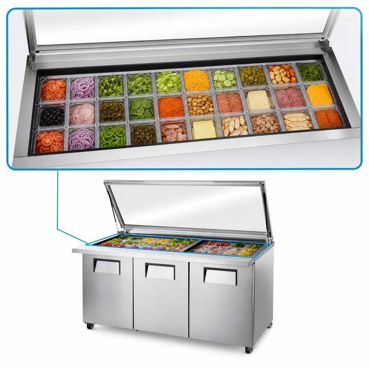 Product image #4 for True Refrigerated Mega Top Sandwich/Salad Prep Table with Flat Glass Lid, 72-Inch, 3 Solid Doors, 30-Pan Capacity