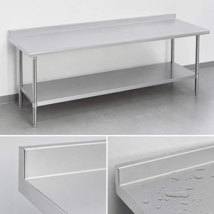 Product image #4 for Duke 144-Inch x 36-Inch 16-Gauge 300 Series Stainless Steel Work Table with 1-1/8-Inch Riser and Stainless Undershelf