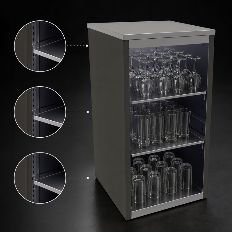 Product image #4 for Glastender Stationary Open Front Back Bar Glass Storage Cabinet, 18"W x 24-1/8"D x 35"H, 3 Adjustable Stainless Steel Shelves