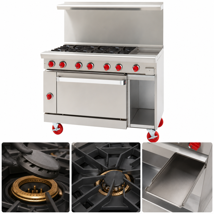Product image #4 for American Range 48-Inch Gas Restaurant Range with 12-Inch Griddle, 6 Open Burners, 26-1/2-Inch Convection Oven, and Storage Base