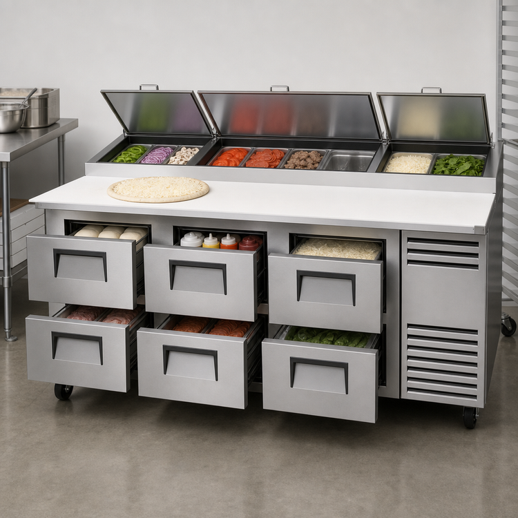 Product image #4 for True 93.5-Inch 3-Section Pizza Prep Table with 6 Drawers and Self-Contained Refrigeration