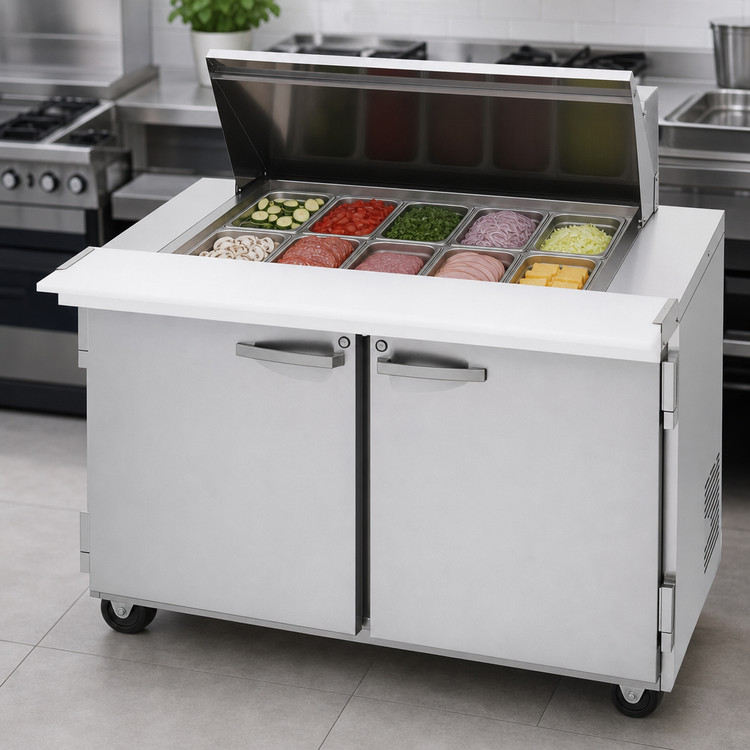Product image #5 for Turbo Air PRO Series 60-1/4 Inch 2-Section Sandwich/Salad Mega Prep Table with Work Station, 12-Pan Top, Rear-Mounted Self-Contained Refrigeration