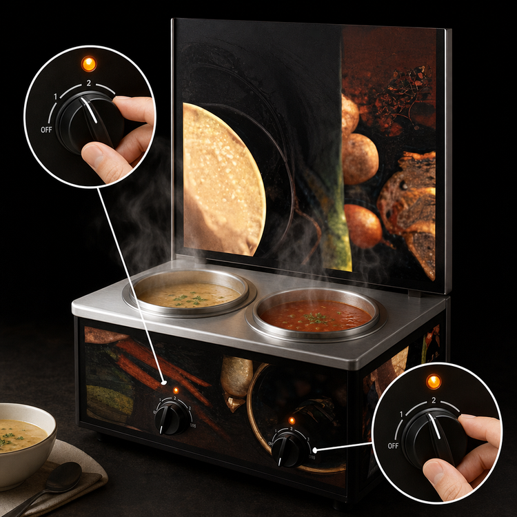 Product image #4 for Vollrath Cayenne Twin Well Countertop Soup Merchandiser with Menu Board and Tuscan Graphics, 2 x 7-1/4 Qt Insets