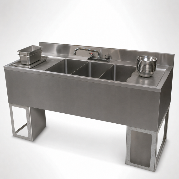 Product image #5 for BK Resources 72-Inch Three-Compartment Underbar Sink with Dual Drainboards and Faucet