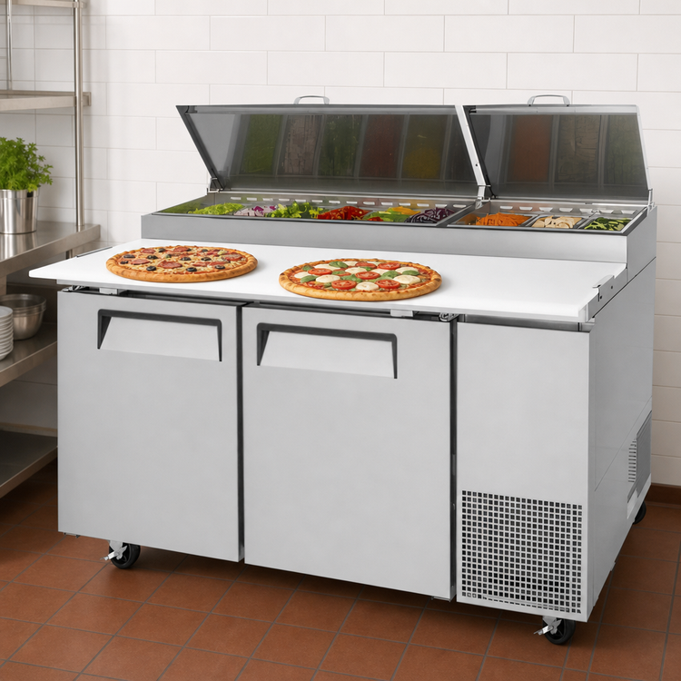 Product image #4 for Turbo Air Super Deluxe Two-Section Pizza Prep Table, 67-1/8 in. W, 20 Cu. Ft., Stainless Steel, Self-Contained Side-Mount Refrigeration