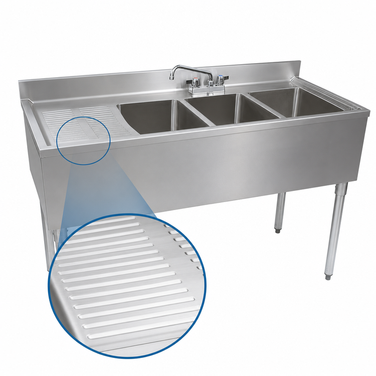 Product image #4 for BK Resources Slim-Line 48-Inch Three-Compartment Left Drainboard Underbar Sink