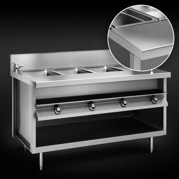 Product image #4 for La Rosa 86-Inch Electric Hot Food Table with (6) 12 in. x 20 in. Wet/Dry Wells, Open Cabinet Base and Faucet
