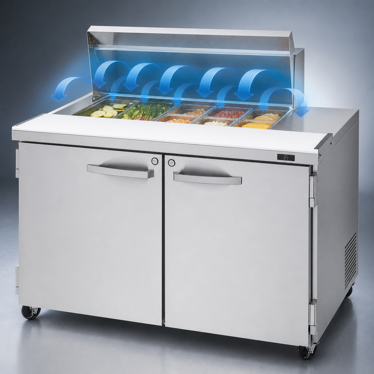 Product image #5 for Turbo Air PRO Series 48-1/4 Inch Two-Section Sandwich/Salad Prep Table Work Station, 15 Cu. Ft., 8-Pan, Rear-Mounted Self-Contained Compressor
