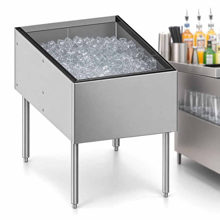Product image #4 for CHOICE Pass-Thru Underbar Stainless Steel Ice Bin, 24 Inch W x 38 Inch D, 175 lb. Capacity