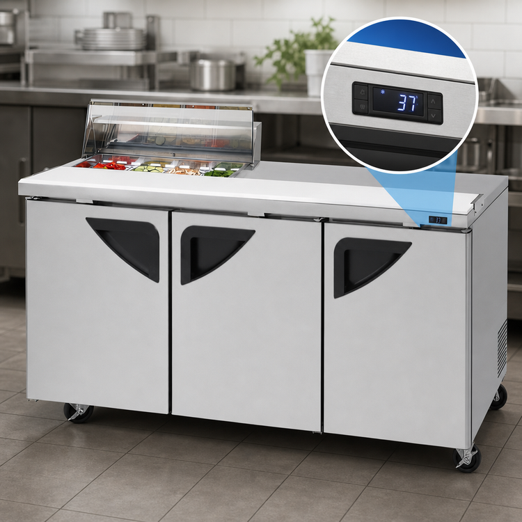 Product image #4 for Turbo Air Super Deluxe 72-5/8" Clear Top 3-Door Three-Section Sandwich/Salad Prep Table with Right Work Station and 8-Pan Opening