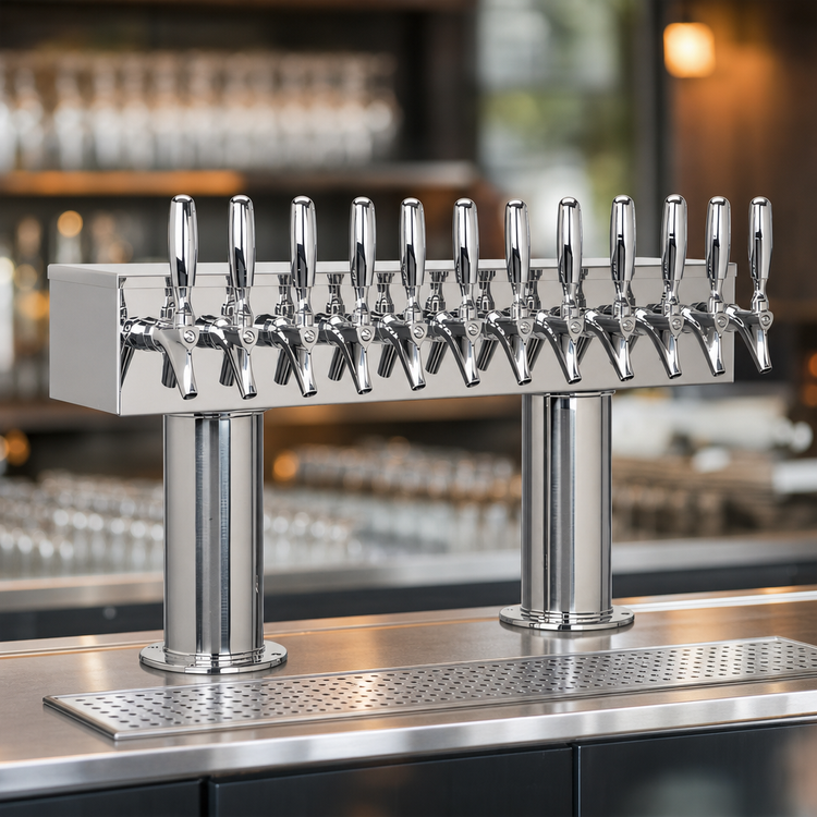 Product image #4 for 36-Inch Wide Double Pedestal Countertop Air-Cooled Draft Beer Tower, 12 Faucets, Polished Stainless Steel