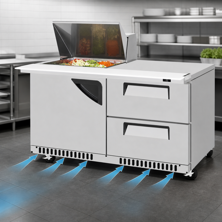 Product image #5 for Turbo Air Super Deluxe 60-Inch 2-Section Sandwich/Salad Prep Table Work Station with 12-Pan Mega Top, 2 Drawers, 1 Door, and Front Breathing Airflow
