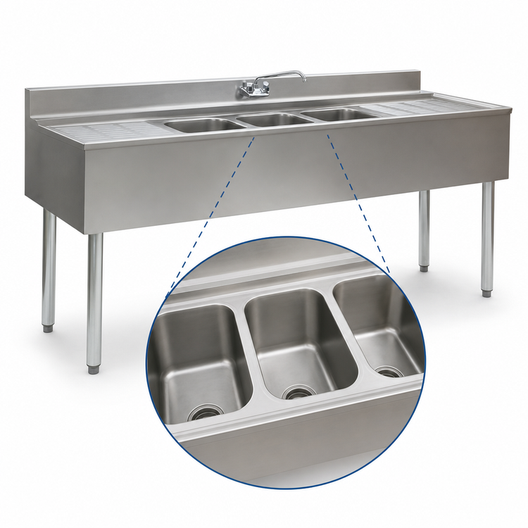 Product image #4 for Eagle Group 2200 Series 5-Foot Three-Compartment Underbar Sink Unit with Left and Right Drainboards