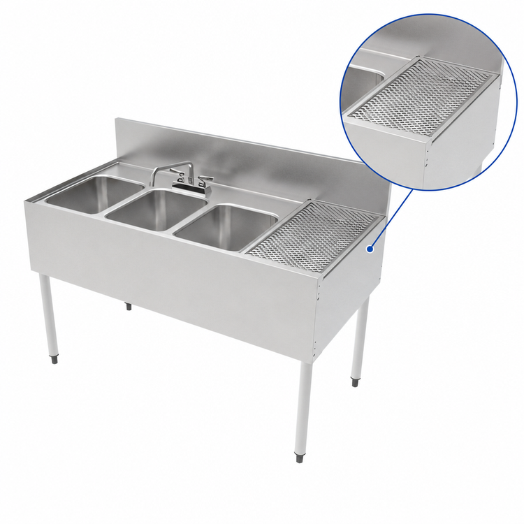 Product image #4 for Top Shelf TSF Series 48-Inch 3-Compartment Underbar Multi-Tank Sink with Right Drainboard