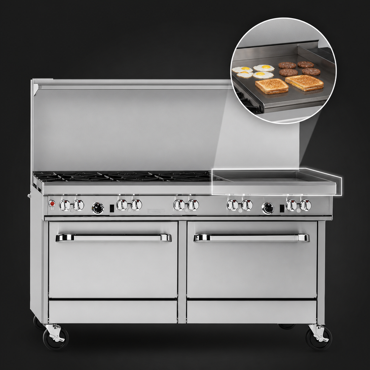 Product image #4 for Ultimate 60-Inch Commercial Gas Restaurant Range with 6 Open Burners, 24-Inch Griddle, and 2 Standard Ovens