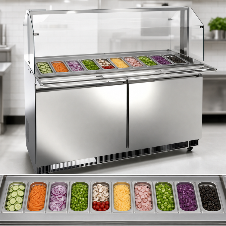 Product image #4 for Omcan USA 60-Inch Two-Section Stainless Steel Refrigerated Prep Table, Rear-Mount Self-Contained, 12 x 1/3 Pan Capacity