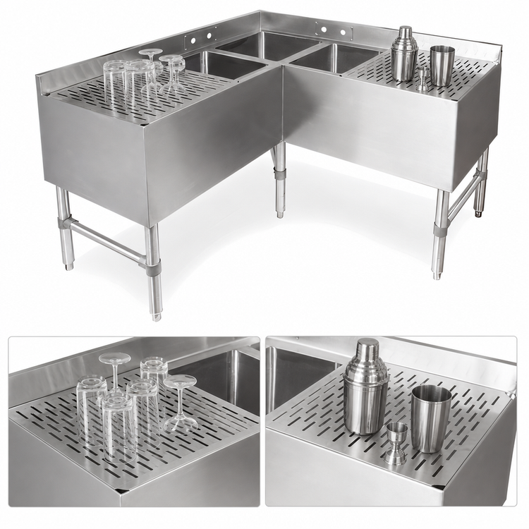 Product image #4 for John Boos 3-Compartment Underbar Corner Sink Unit with Left and Right Drainboards, 48"W x 21"D