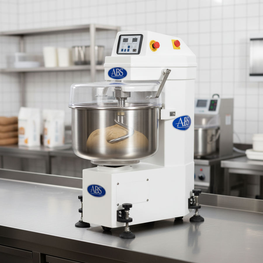 The ABSFBM-50 spiral dough mixer features a solid PVC bowl cover that securely contains ingredients and enhances safety during operation.