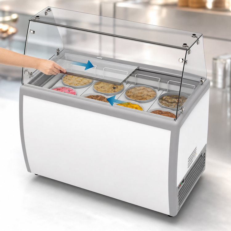 Product image #4 for KoolMore 50-Inch Ice Cream Dipping Display Freezer with Sliding Glass Door, Sneeze Guard, and 8 Tubs, 13 Cu. Ft.