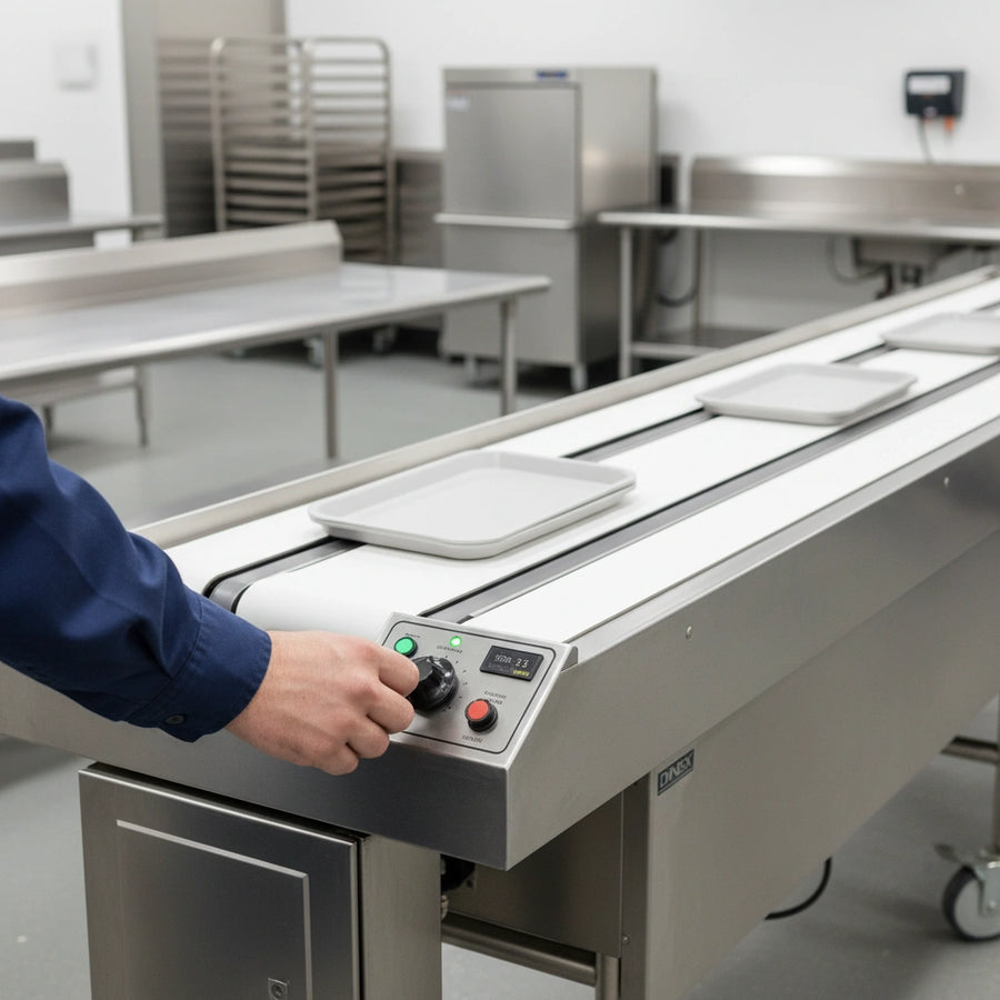 An operator precisely adjusts the conveyor's variable speed control, optimizing the tray make-up line's workflow for peak efficiency.