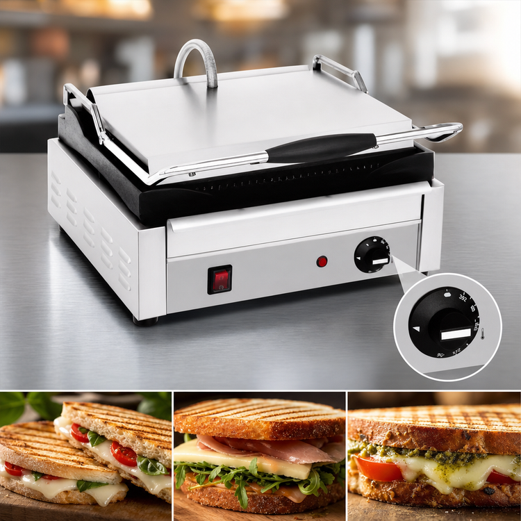 Product image #4 for Eurodib Commercial Countertop Single Panini Press with Ribbed Cast Iron Plates, 14 x 10 Inches, 120V