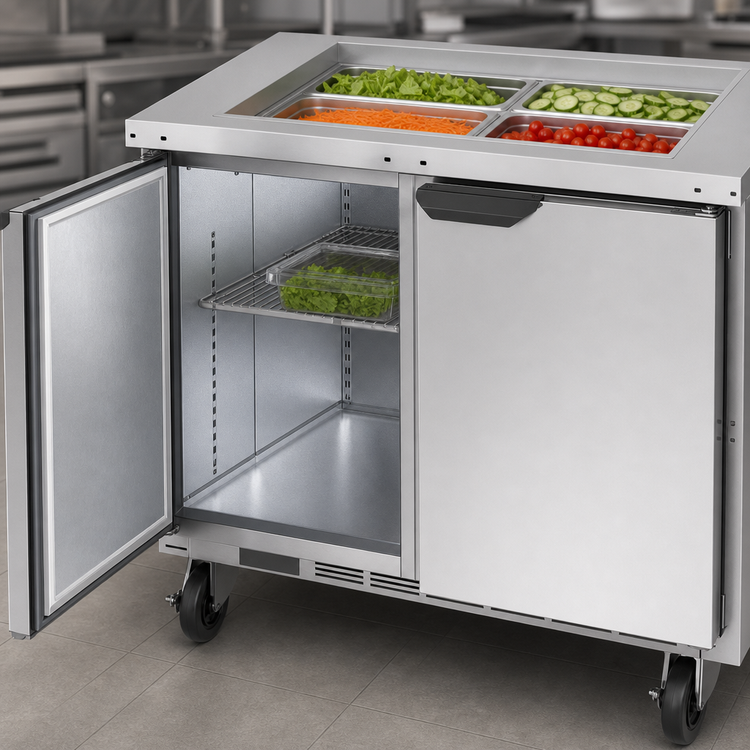 Product image #4 for Beverage-Air SPE36HC-S Two-Section 36-Inch Salad Top Refrigerated Prep Table with Solid Hinged Doors
