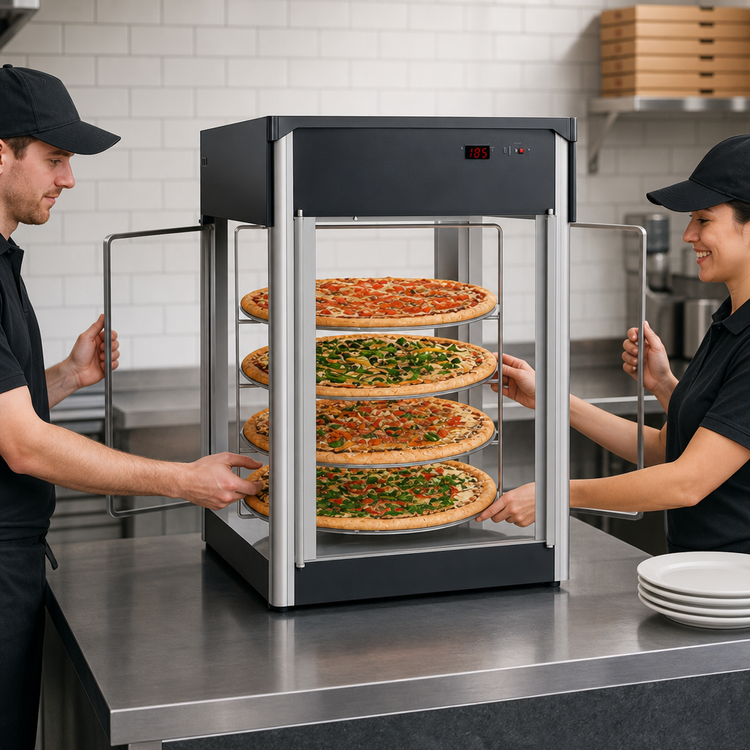 Product image #4 for Hatco Flav-R-Fresh® FDWD-2 Pass-Thru Countertop Holding & Display Cabinet, 2-Door, 4-Tier Rotating Rack