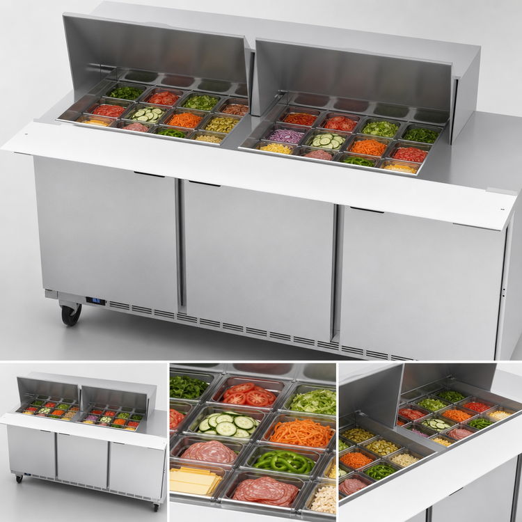 Product image #5 for Beverage-Air 72-Inch Mega Top Refrigerated Sandwich Prep Table, 3 Doors, 24-Pan Capacity