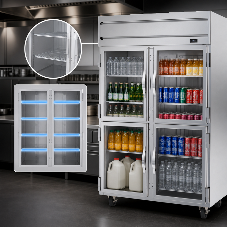 Product image #4 for Beverage Air Horizon Series Two-Section Reach-In Refrigerator with Four Half-Glass Hinged Doors, 46.88 Cu. Ft., Top-Mounted Self-Contained Refrigeration