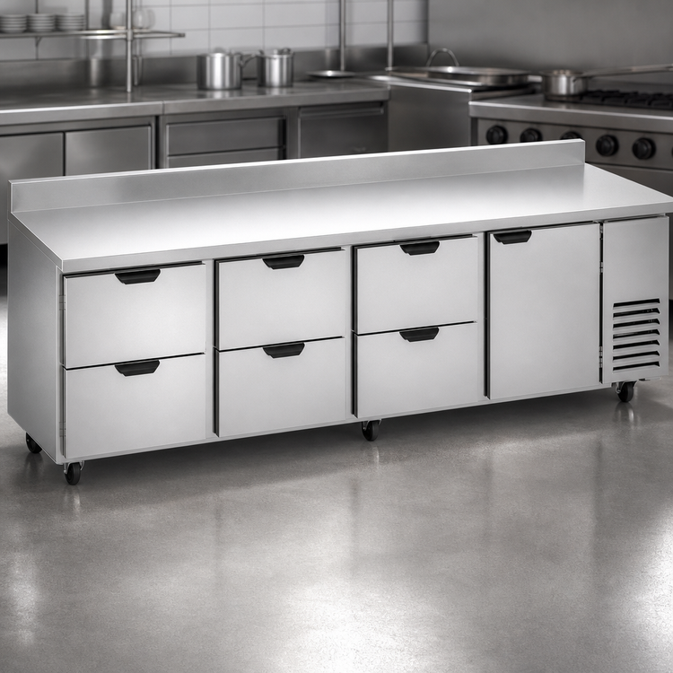 Product image #4 for Beverage-Air 119-Inch Four-Section Worktop Refrigerator with 6 Drawers and 1 Door