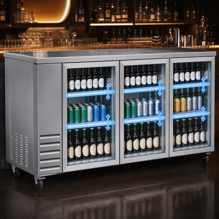 Product image #4 for IKON Refrigeration Three-Section Glass Door Back Bar Cooler, 73.1-Inch, Stainless Steel, Left-Side Self-Contained