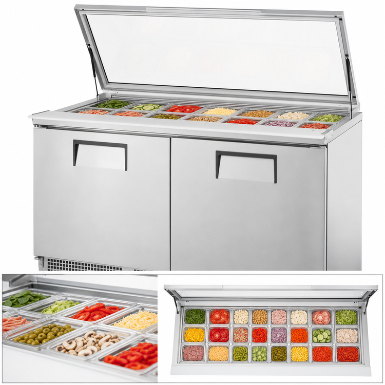 Product image #4 for True 64-Inch Two-Section Refrigerated Sandwich/Salad Prep Table with Flat Glass Lid and 24-Pan Top