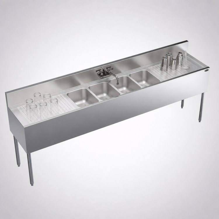 Product image #4 for Krowne Royal Series Four-Compartment Bar Sink Unit with Left and Right Drainboards, 96-Inch W x 19-Inch D