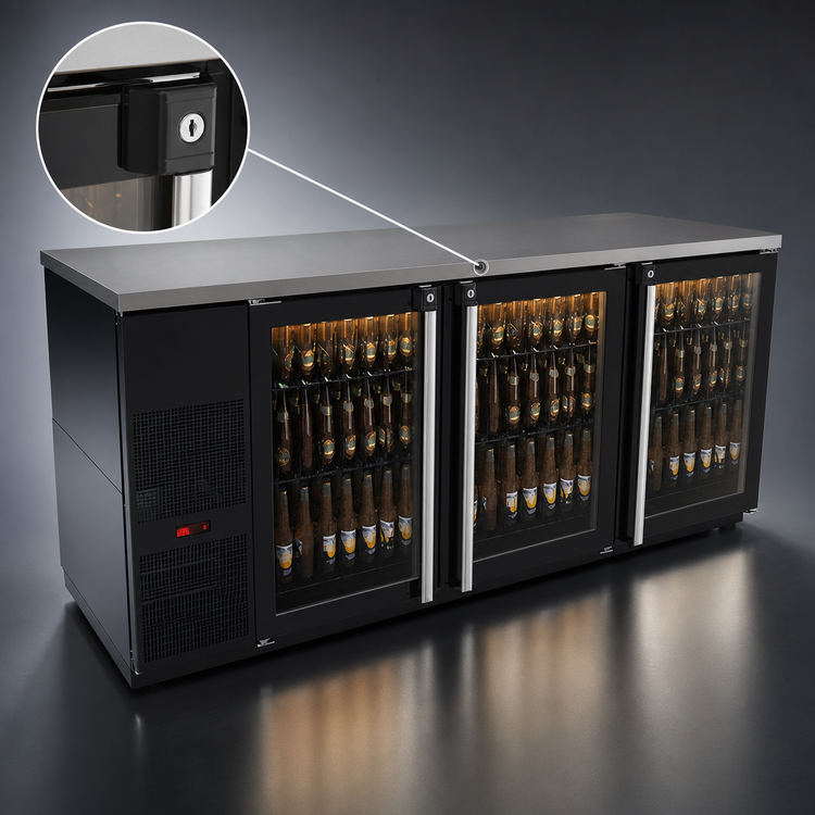 Product image #4 for Pro-Line E-Series Three-Section Refrigerated Back Bar Cabinet, 80 Inch, Self-Contained, 3 Glass Doors