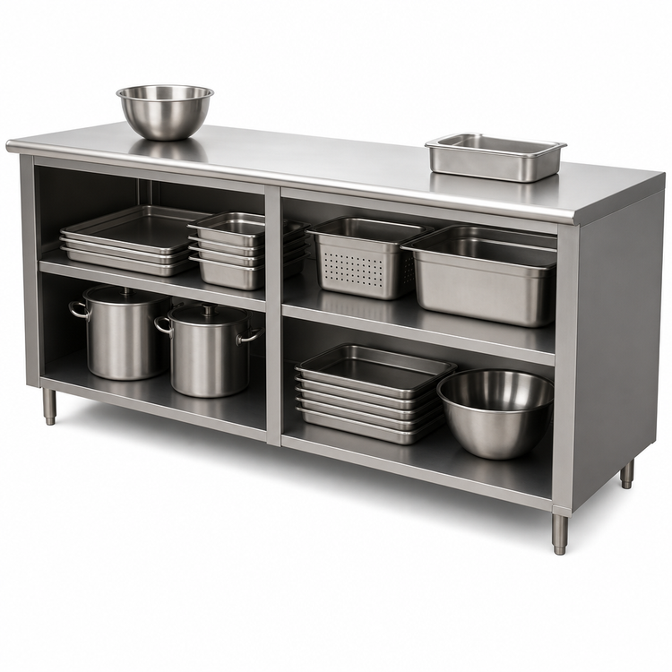 Product image #4 for Advance Tabco Special Value Economy Open Base Work Table with Mid-Shelf, 108W x 30D, 16 Gauge 304 Stainless Steel Flat Top