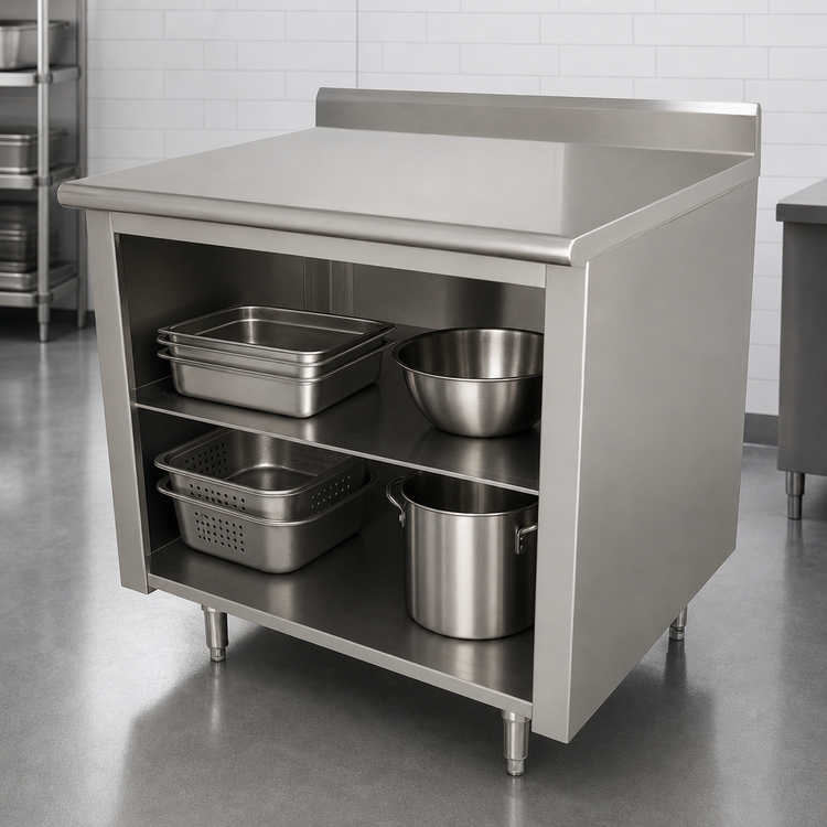 Product image #4 for Advance Tabco 72" x 36" Stainless Steel Work Table with Open Front Cabinet Base, Mid-Shelf, and 5" Backsplash