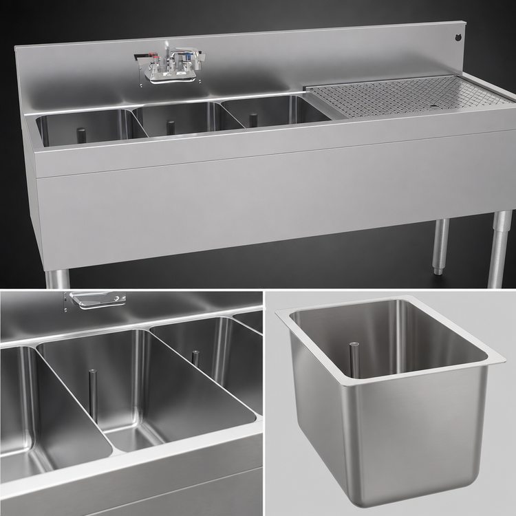 Product image #4 for Glastender Three-Compartment Underbar Sink Unit with Right Drainboard, 60 x 19 Inches, Stainless Steel