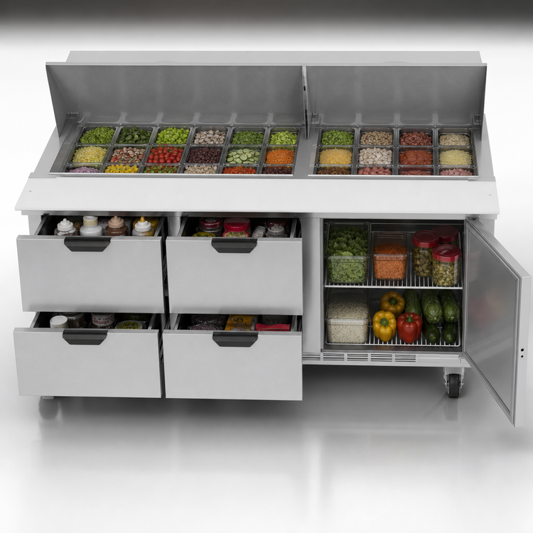 Product image #5 for Beverage-Air SPED72HC-30M-4 72-Inch Mega Top Refrigerated Prep Table with 30-Pan Opening, Drawers and Door