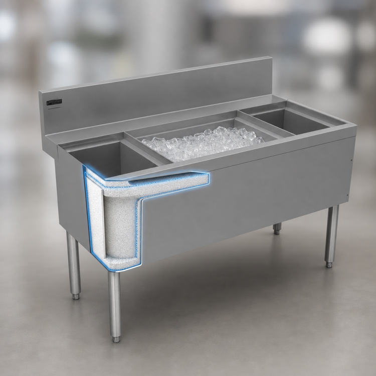 Product image #4 for Advance Tabco Prestige Supreme 60-Inch Underbar Ice Chest with Left and Right Bottle Racks, Stainless Steel, Without Cold Plate